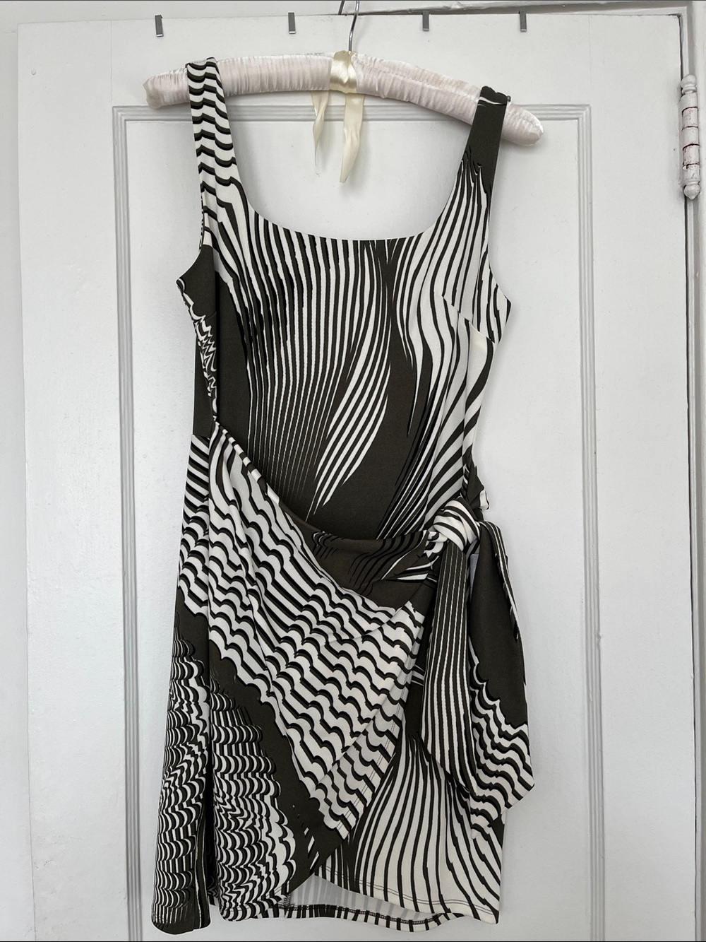 Express Olive and White Sleeveless Wrap-Style Mini Dress - Picture 2 of 4